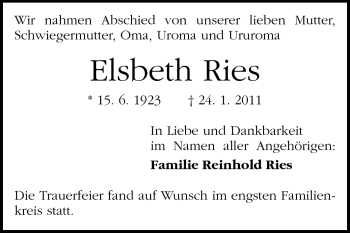 Traueranzeige von Elsbeth Ries von Darmstädter Echo, Odenwälder Echo, Rüsselsheimer Echo, Groß-Gerauer-Echo, Ried Echo