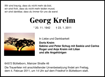 Traueranzeige von Georg Kreim von Darmstädter Echo, Odenwälder Echo, Rüsselsheimer Echo, Groß-Gerauer-Echo, Ried Echo