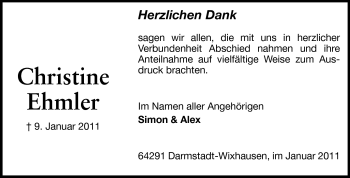 Traueranzeige von Christine Ehmler von Darmstädter Echo, Odenwälder Echo, Rüsselsheimer Echo, Groß-Gerauer-Echo, Ried Echo