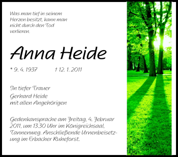 Traueranzeige von Anna Heide von Odenwälder Echo
