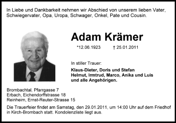Traueranzeige von Adam Krämer von Odenwälder Echo