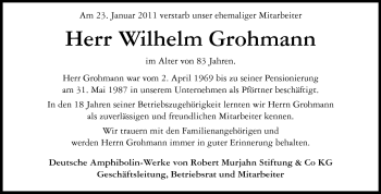 Traueranzeige von Wilhelm Grohmann von Echo-Zeitungen (Gesamtausgabe)