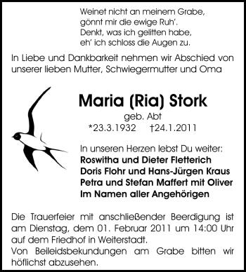 Traueranzeige von Maria Stork von Echo-Zeitungen (Gesamtausgabe)