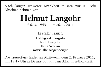 Traueranzeige von Helmut Langohr von Darmstädter Echo, Odenwälder Echo, Rüsselsheimer Echo, Groß-Gerauer-Echo, Ried Echo