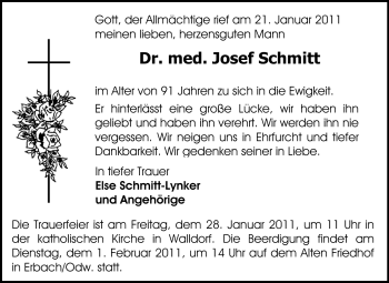 Traueranzeige von Josef Schmitt von Odenwälder Echo