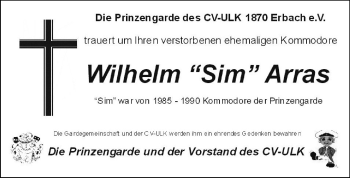 Traueranzeige von Wilhelm Arras von Odenwälder Echo