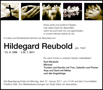 Traueranzeige von Hildegard Reubold von Rüsselsheimer Echo, Groß-Gerauer-Echo, Ried Echo