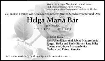 Traueranzeige von Helga Maria Bär von Rüsselsheimer Echo, Groß-Gerauer-Echo, Ried Echo