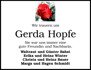 Traueranzeige von Gerda Hopfe von Rüsselsheimer Echo, Groß-Gerauer-Echo, Ried Echo