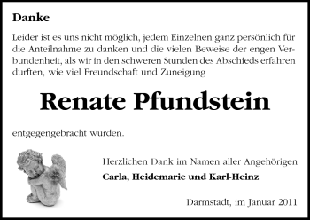 Traueranzeige von Renate Pfundstein von Darmstädter Echo, Odenwälder Echo, Rüsselsheimer Echo, Groß-Gerauer-Echo, Ried Echo