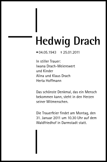Traueranzeige von Hedwig Drach von Echo-Zeitungen (Gesamtausgabe)