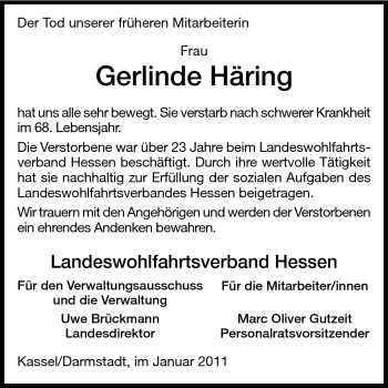 Traueranzeige von Gerlinde Häring von Darmstädter Echo, Odenwälder Echo, Rüsselsheimer Echo, Groß-Gerauer-Echo, Ried Echo