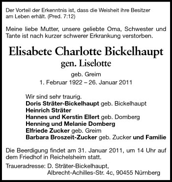 Traueranzeige von Elisabeth Charlotte Bickelhaupt von Echo-Zeitungen (Gesamtausgabe)
