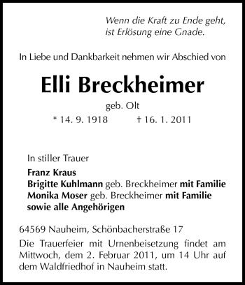 Traueranzeige von Elli Breckheimer von Rüsselsheimer Echo, Groß-Gerauer-Echo, Ried Echo
