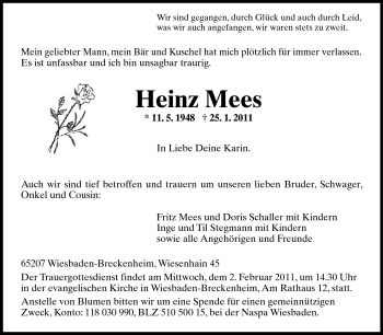 Traueranzeige von Heinz Mees von Rüsselsheimer Echo, Groß-Gerauer-Echo, Ried Echo