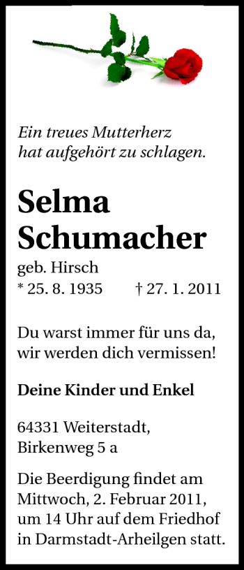 Traueranzeige von Selma Schumacher von Echo-Zeitungen (Gesamtausgabe)