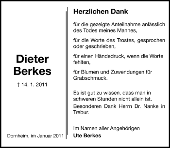 Traueranzeige von Dieter Berkes von Rüsselsheimer Echo, Groß-Gerauer-Echo, Ried Echo