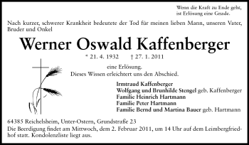 Traueranzeige von Werner Oswald Kaffenberger von Odenwälder Echo
