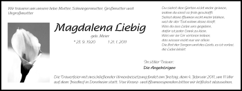 Traueranzeige von Magdalena Liebig von Rüsselsheimer Echo, Groß-Gerauer-Echo, Ried Echo