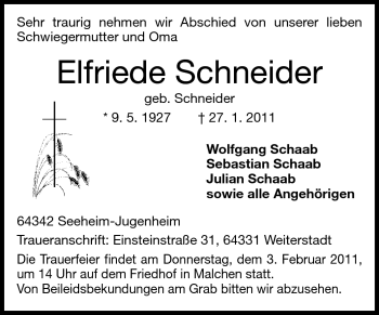Traueranzeige von Elfriede Schneider von Darmstädter Echo, Odenwälder Echo, Rüsselsheimer Echo, Groß-Gerauer-Echo, Ried Echo