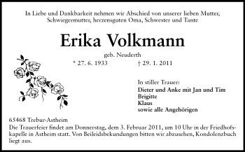 Traueranzeige von Erika Volkmann von Rüsselsheimer Echo, Groß-Gerauer-Echo, Ried Echo