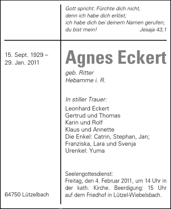 Traueranzeige von Agnes Eckert von Odenwälder Echo