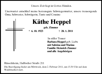 Traueranzeige von Käthe Heppel von Rüsselsheimer Echo, Groß-Gerauer-Echo, Ried Echo