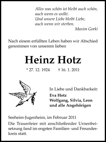 Traueranzeige von Heinz Hotz von Echo-Zeitungen (Gesamtausgabe)