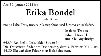 Traueranzeige von Erika Bondel von Darmstädter Echo, Odenwälder Echo, Rüsselsheimer Echo, Groß-Gerauer-Echo, Ried Echo