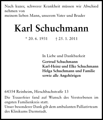 Traueranzeige von Karl Schuchmann von Darmstädter Echo, Odenwälder Echo, Rüsselsheimer Echo, Groß-Gerauer-Echo, Ried Echo