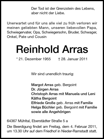 Traueranzeige von Reinhold Arras von Darmstädter Echo, Odenwälder Echo, Rüsselsheimer Echo, Groß-Gerauer-Echo, Ried Echo