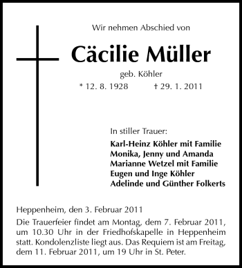 Traueranzeige von Cäcilie Müller von Starkenburger Echo