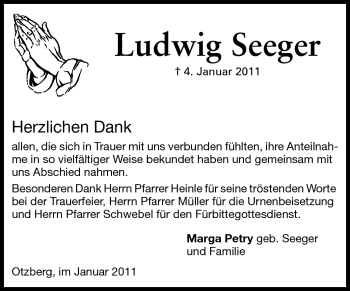 Traueranzeige von Ludwig Seeger von Darmstädter Echo, Odenwälder Echo, Rüsselsheimer Echo, Groß-Gerauer-Echo, Ried Echo