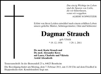 Traueranzeige von Dagmar Strauch von Starkenburger Echo, Bergsträßer Anzeiger