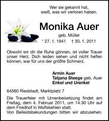Traueranzeige von Monika Auer von Rüsselsheimer Echo, Groß-Gerauer-Echo, Ried Echo