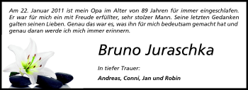 Traueranzeige von Bruno Juraschka von Rüsselsheimer Echo, Groß-Gerauer-Echo, Ried Echo