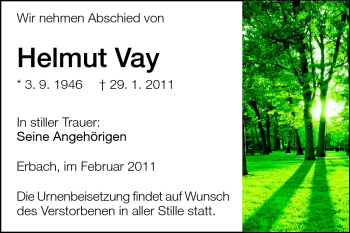 Traueranzeige von Helmut Vay von Odenwälder Echo