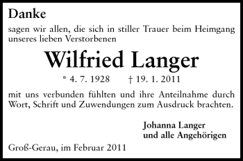 Traueranzeige von Wilfried Langer von Rüsselsheimer Echo, Groß-Gerauer-Echo, Ried Echo