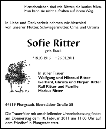Traueranzeige von Sofie Ritter von Echo-Zeitungen (Gesamtausgabe)