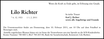 Traueranzeige von Lilo Richter von Darmstädter Echo, Odenwälder Echo, Rüsselsheimer Echo, Groß-Gerauer-Echo, Ried Echo