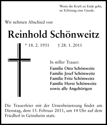 Traueranzeige von Reinhold Schönweitz von Rüsselsheimer Echo, Groß-Gerauer-Echo, Ried Echo