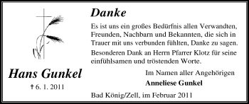 Traueranzeige von Hans Gunkel von Odenwälder Echo