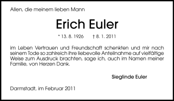 Traueranzeige von Erich Euler von Darmstädter Echo, Odenwälder Echo, Rüsselsheimer Echo, Groß-Gerauer-Echo, Ried Echo