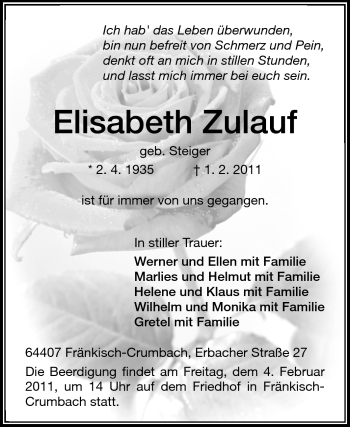 Traueranzeige von Elisabeth Zulauf von Echo-Zeitungen (Gesamtausgabe)