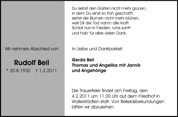 Traueranzeige von Rudolf Beil von Rüsselsheimer Echo, Groß-Gerauer-Echo, Ried Echo