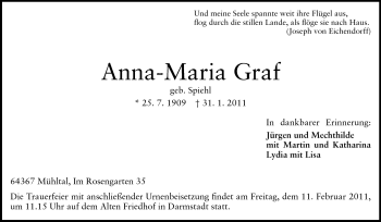 Traueranzeige von Anna-Maria Graf von Darmstädter Echo, Odenwälder Echo, Rüsselsheimer Echo, Groß-Gerauer-Echo, Ried Echo