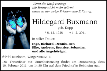 Traueranzeige von Hildegard Buxmann von Darmstädter Echo, Odenwälder Echo, Rüsselsheimer Echo, Groß-Gerauer-Echo, Ried Echo