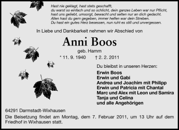 Traueranzeige von Anni Boos von Echo-Zeitungen (Gesamtausgabe)