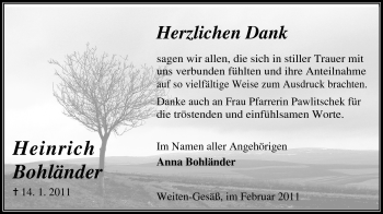 Traueranzeige von Heinrich Bohländer von Odenwälder Echo