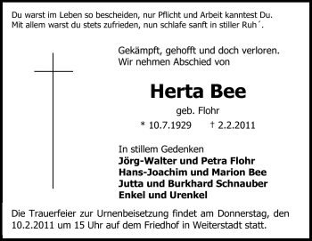 Traueranzeige von Herta Bee von Echo-Zeitungen (Gesamtausgabe)